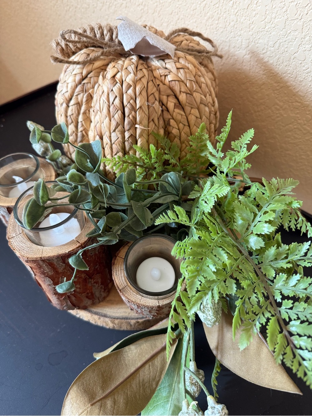 Rustic Lodge Cabin Wood Bark Votive Candle Holders & Pumpkin Fall Centerpiece - Picture 13 of 16